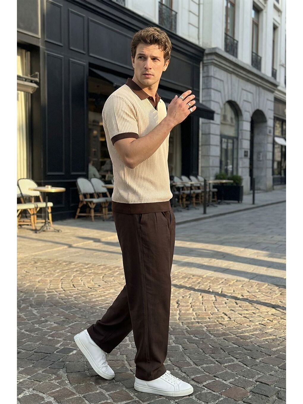 Bej Köyten Regular Fit Erkek Kısa Kol Triko Polo Yaka Tişört Çizgili Dokulu-3