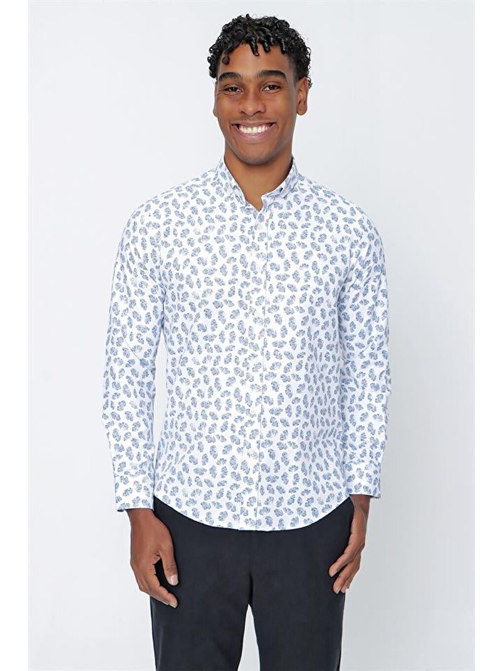 Mavi Uzun Kol Baskılı Oxford  Biyeli Pamuklu Slim Fit Dar Kesim Klasik Gömlek 1004225202-2