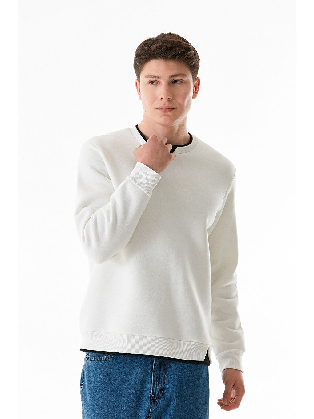 Fullamoda Ekru 3 İplik Basic Bisiklet Yaka Sweatshirt - 1