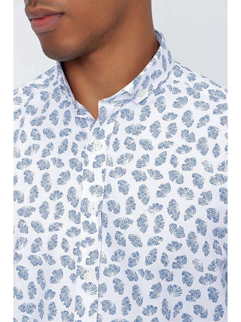 Mavi Uzun Kol Baskılı Oxford  Biyeli Pamuklu Slim Fit Dar Kesim Klasik Gömlek 1004225202-1