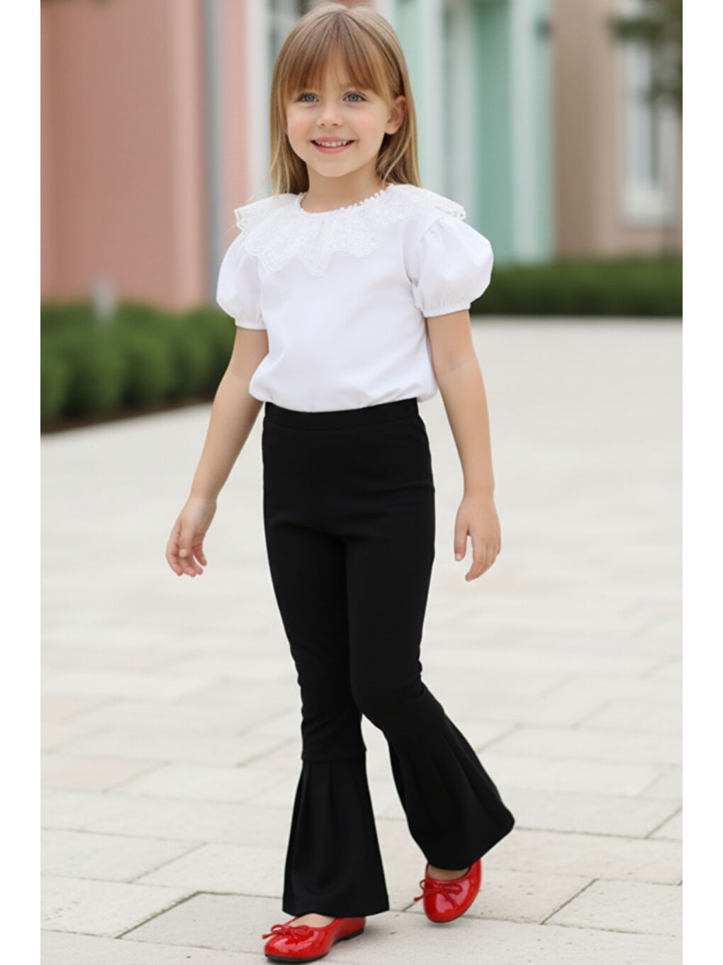 Beyaz Kız Çocuk Queen Bisiklet Yaka Ekru Dantel Detaylı Bluz Ispanyol Tayt 23 Nisan Takım-4