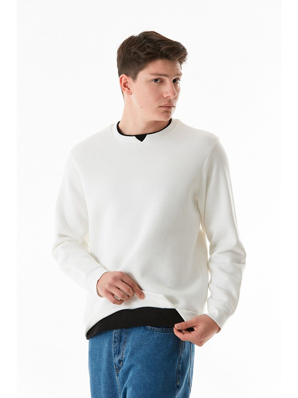 Fullamoda Ekru 3 İplik Basic Bisiklet Yaka Sweatshirt - 2