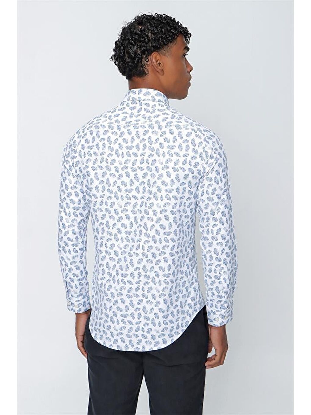 Mavi Uzun Kol Baskılı Oxford  Biyeli Pamuklu Slim Fit Dar Kesim Klasik Gömlek 1004225202