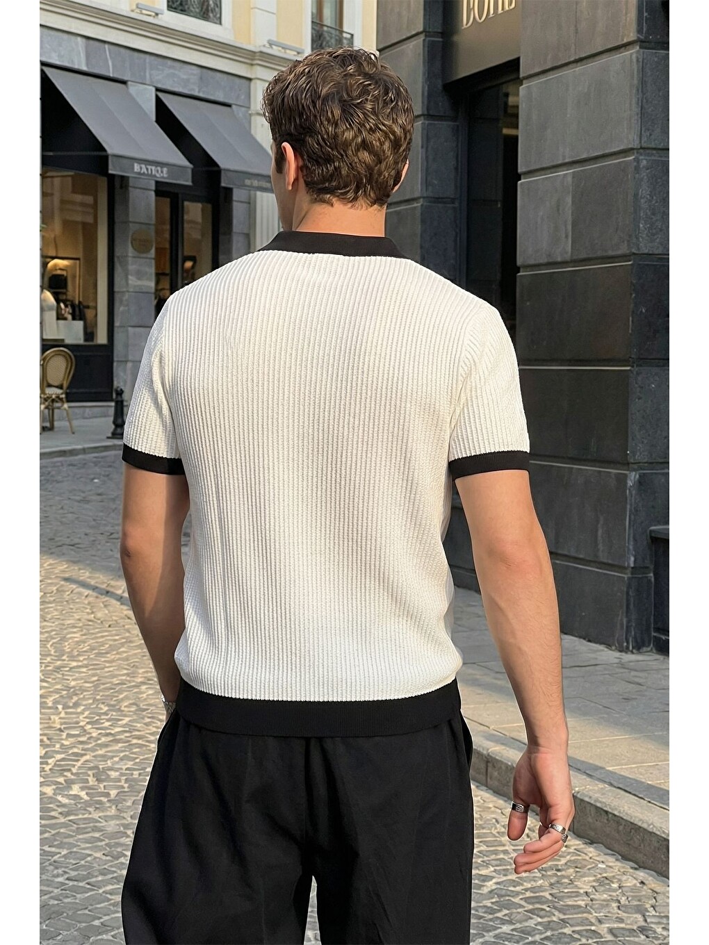 Beyaz Köyten Regular Fit Erkek Kısa Kol Triko Polo Yaka Tişört Çizgili Dokulu-3