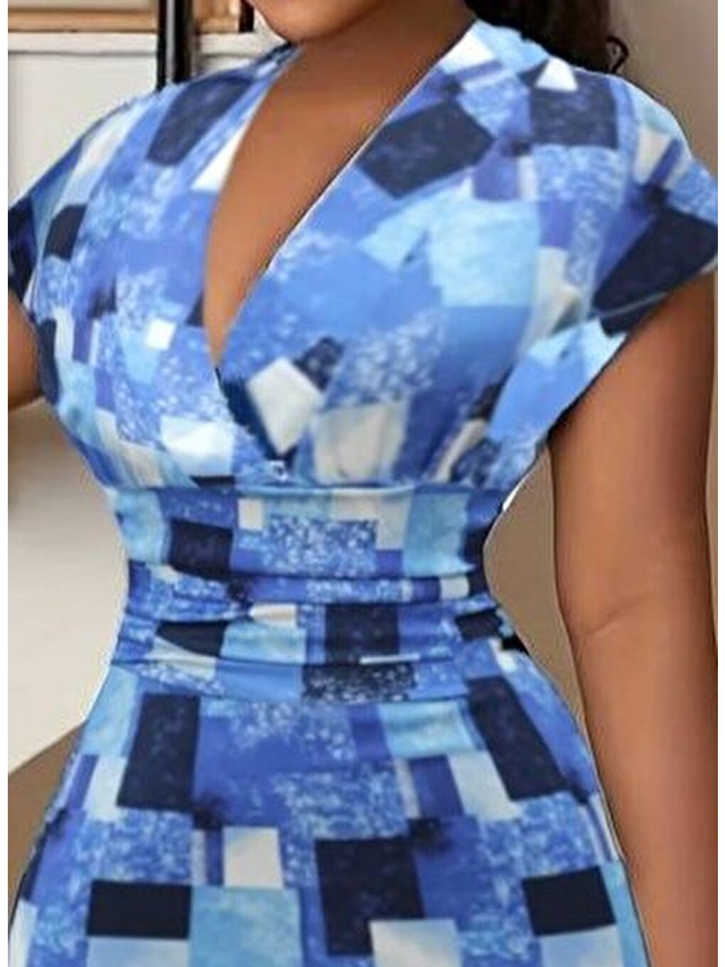 Mavi Kadın Kısa Kollu Derin V Yaka Dalgıç Midi Elbise-1