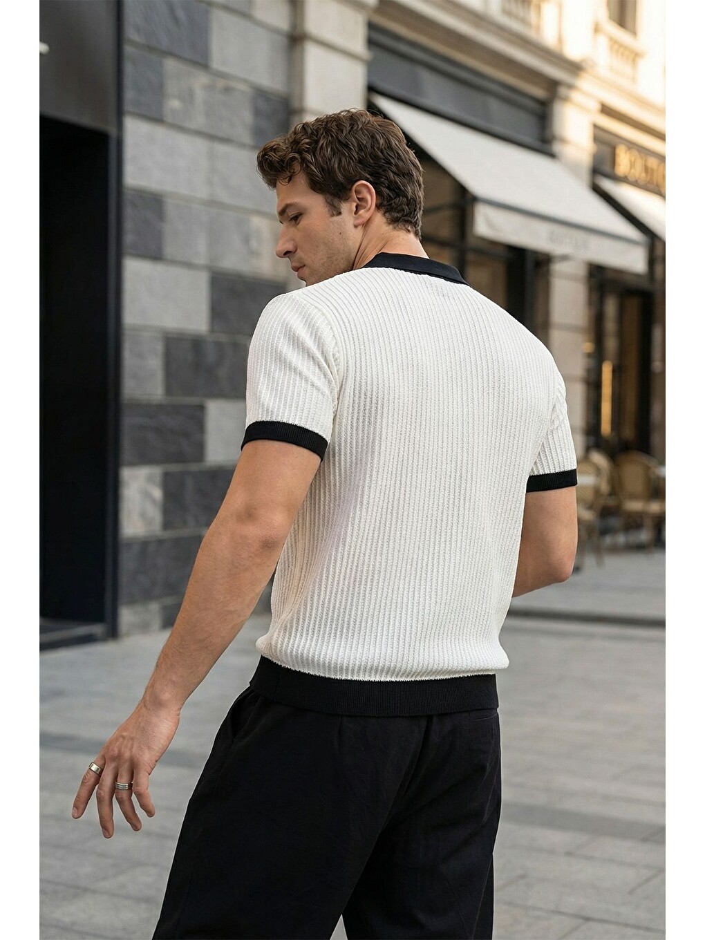 Beyaz Köyten Regular Fit Erkek Kısa Kol Triko Polo Yaka Tişört Çizgili Dokulu-4