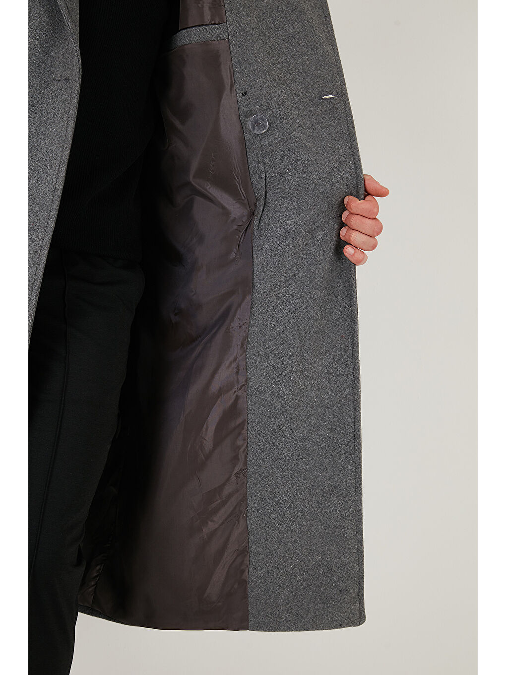 Gri Loose Fit Kruvaze Yaka Uzun Astarlı Kaşe Kaban 681003-5