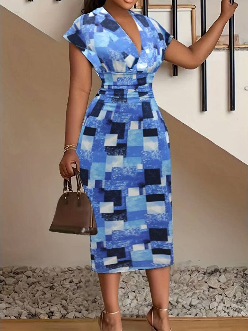 Mavi Kadın Kısa Kollu Derin V Yaka Dalgıç Midi Elbise-2