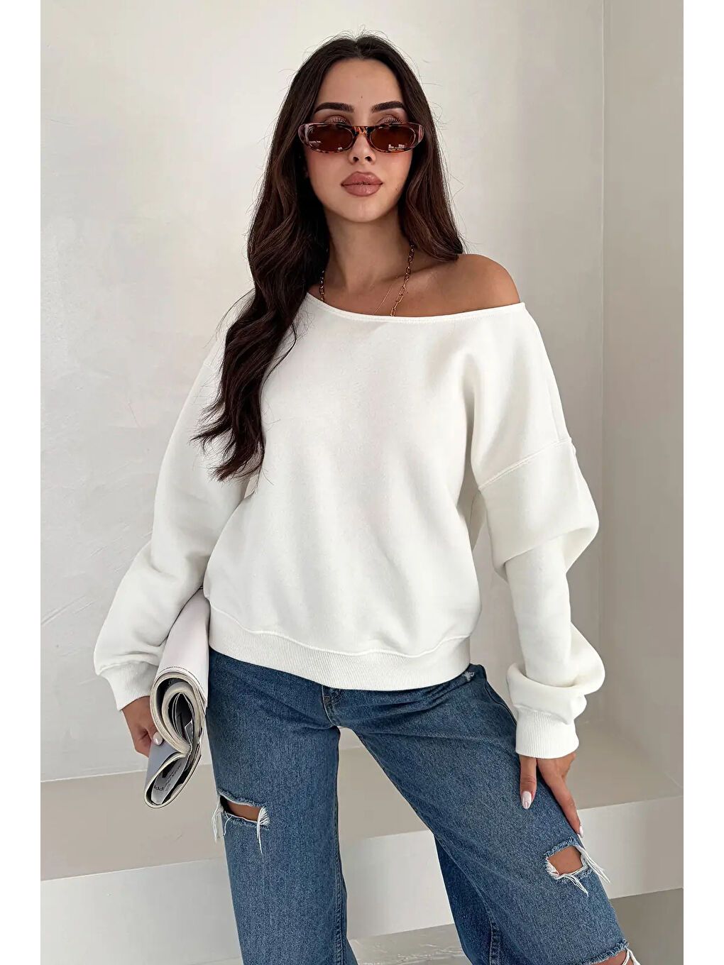 Kayık Yaka Polar Sweatshirt Beyaz-4