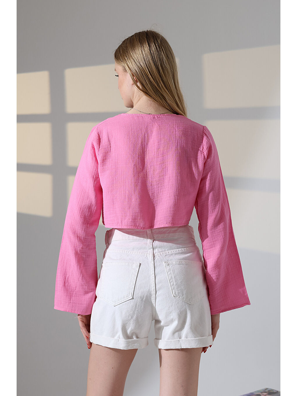 Çift Bağlama Detay Müslin Bluz Pembe-2