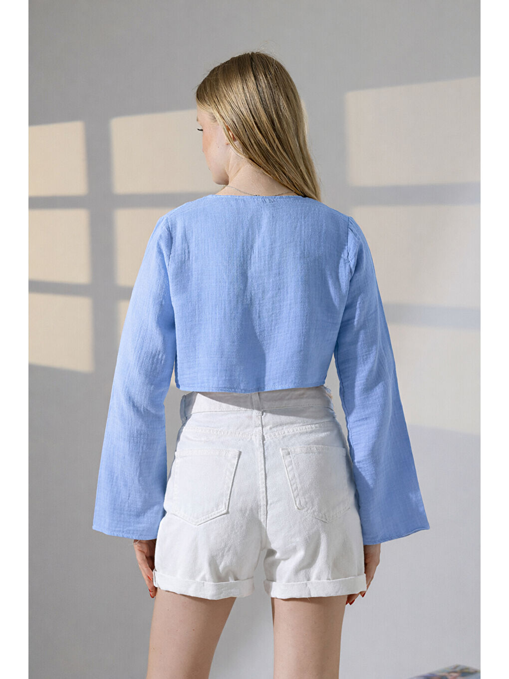 Çift Bağlama Detay Müslin Bluz Mavi-3