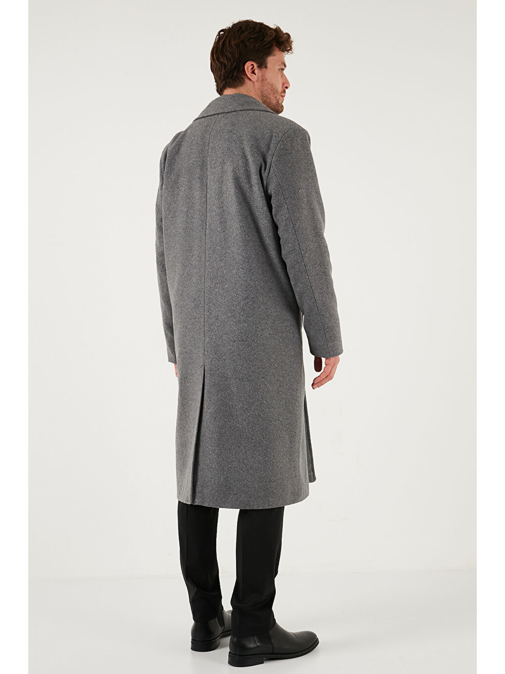 Gri Loose Fit Kruvaze Yaka Uzun Astarlı Kaşe Kaban 681003-6