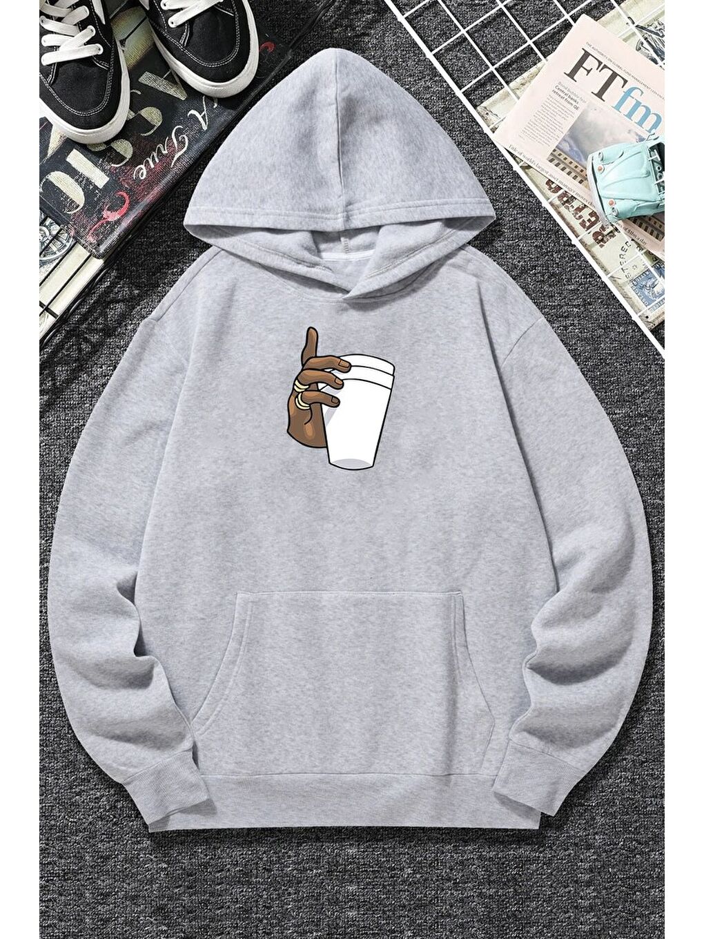 Gri Coffee Baskılı Sweatshirt