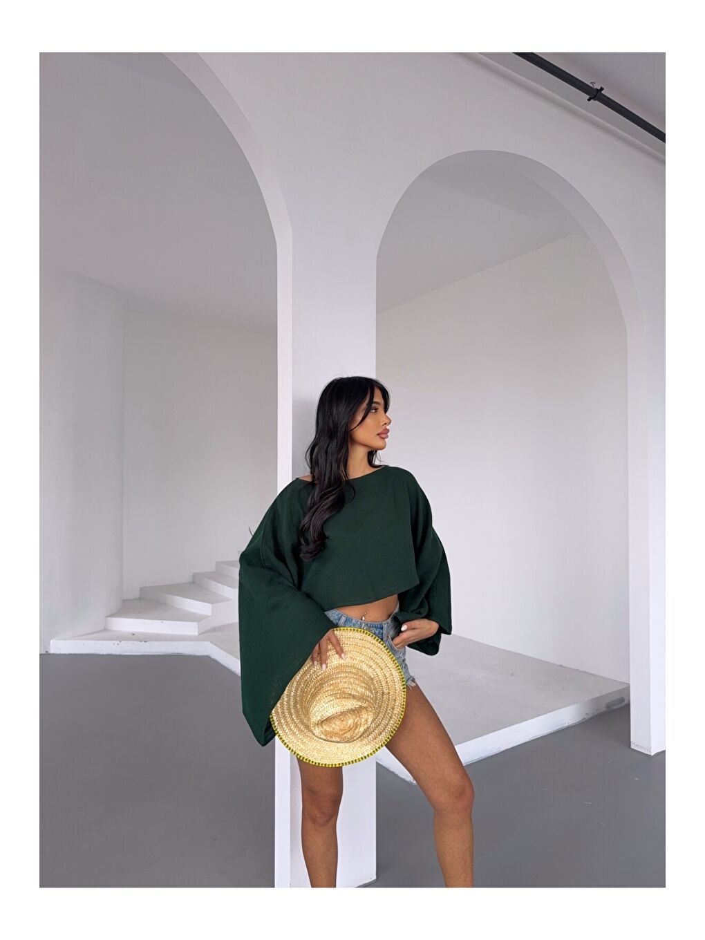 Yeşil Müslin Keten Bluz Zümrüt-1