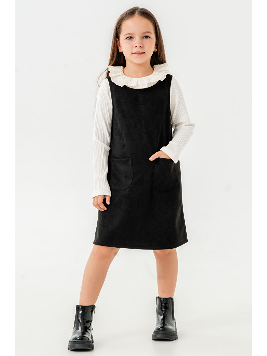 Kız Çocuk Siyah Yaka Detaylı Cepli 3-7 Yaş Badili Elbise - 3701-1