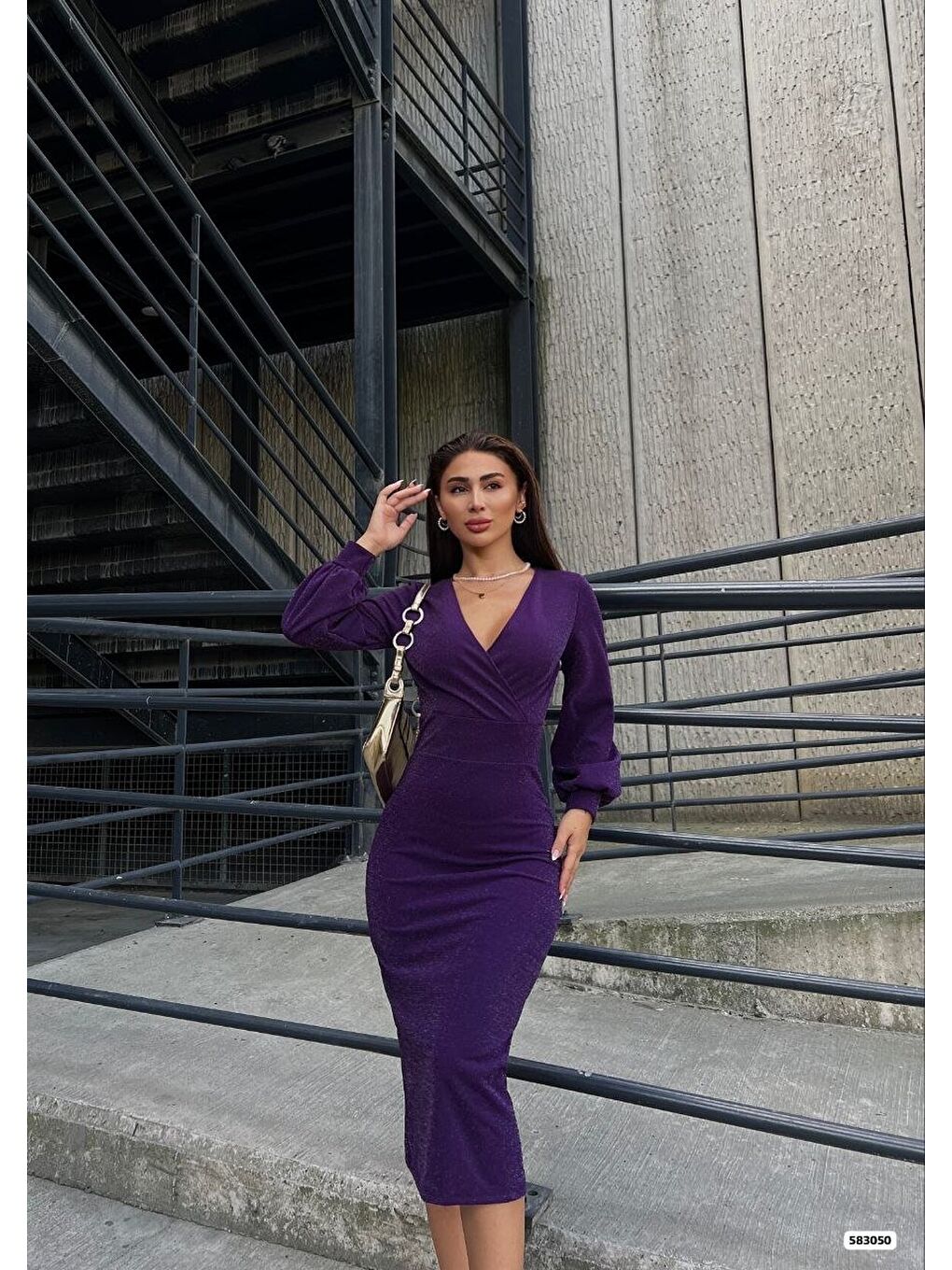 Mor Kadın Kruvaze Yaka Balon Kol Simli Krep Kumaş Midi Boy Elbise-1