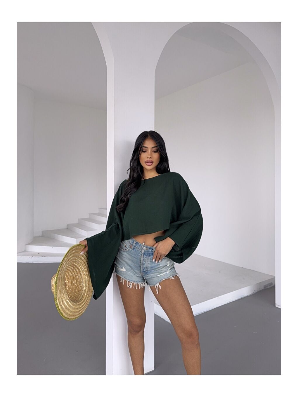 Yeşil Müslin Keten Bluz Zümrüt-3
