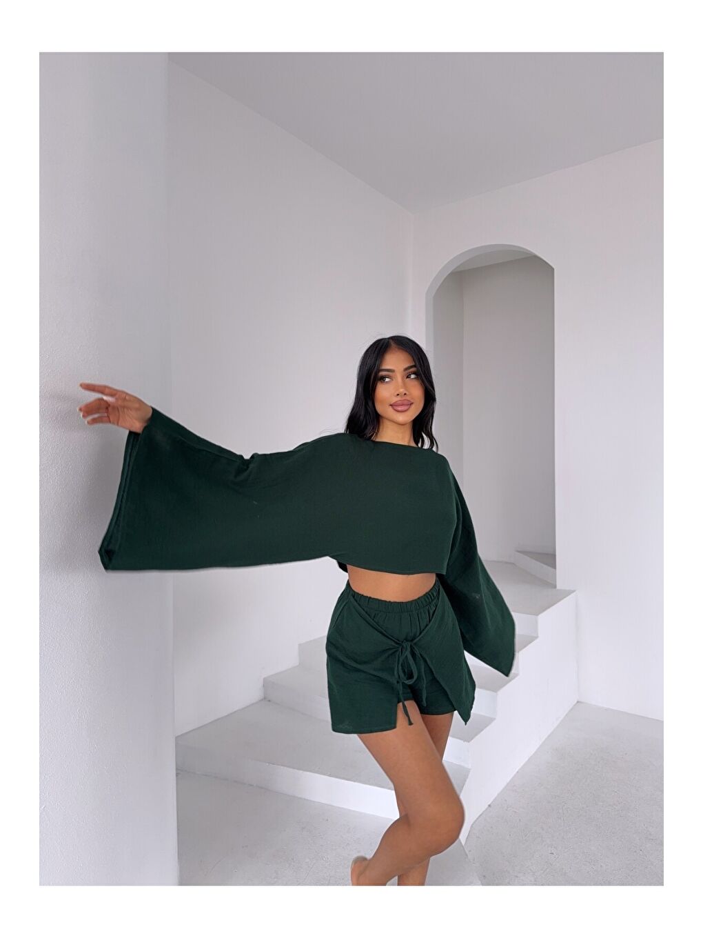 Yeşil Müslin Keten Bluz Zümrüt-4