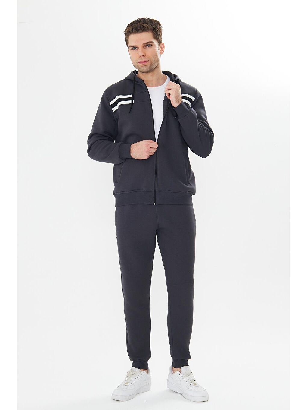 Erkek İçi Polarlı Kapüşonlu Kışlık Eşofman Takımı Antrasit 9520-A-1