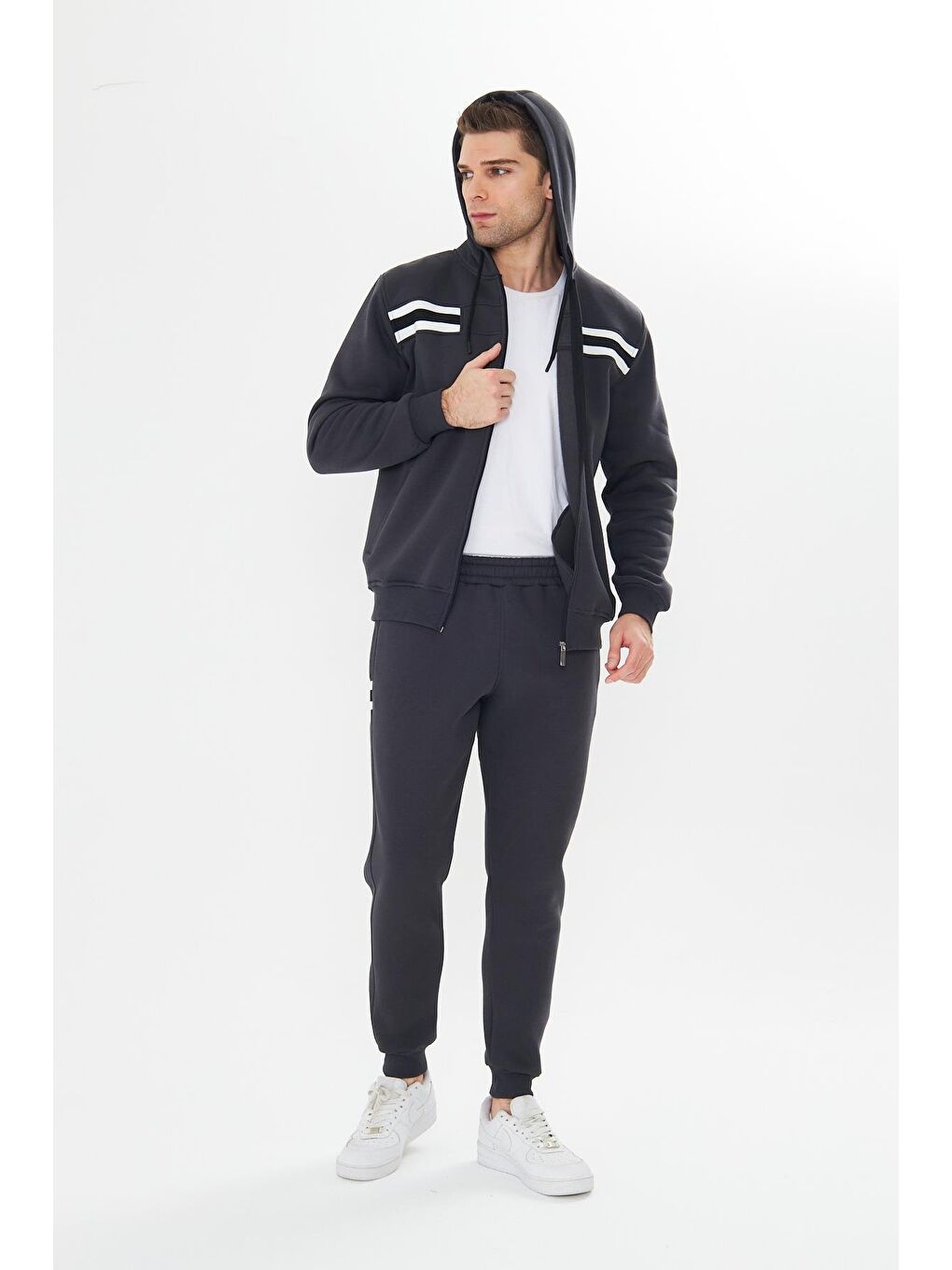 Erkek İçi Polarlı Kapüşonlu Kışlık Eşofman Takımı Antrasit 9520-A-2