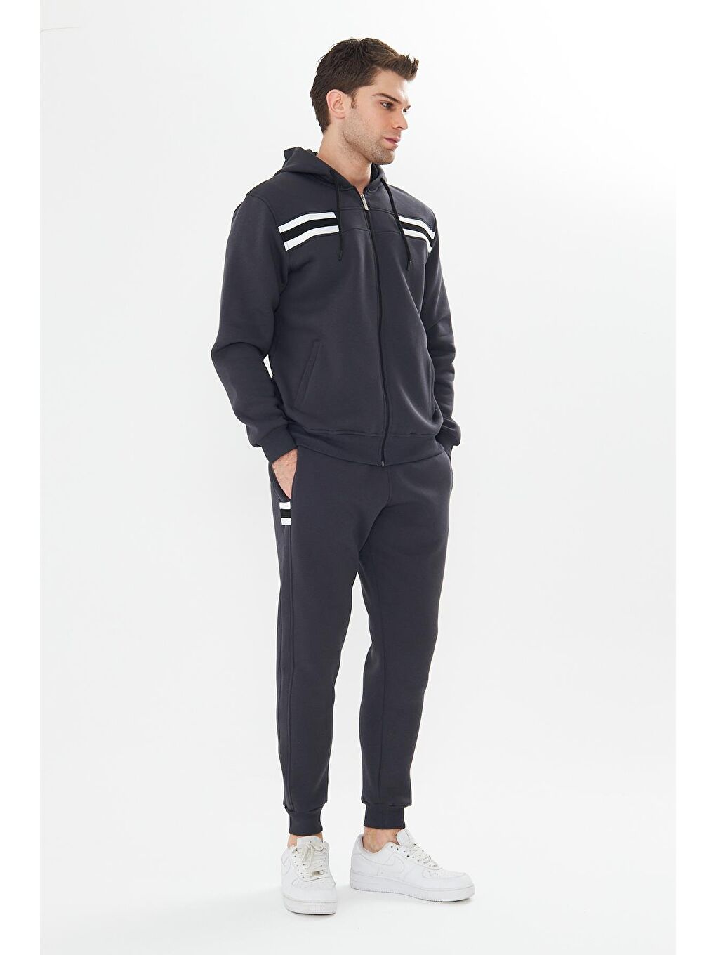 Erkek İçi Polarlı Kapüşonlu Kışlık Eşofman Takımı Antrasit 9520-A-3