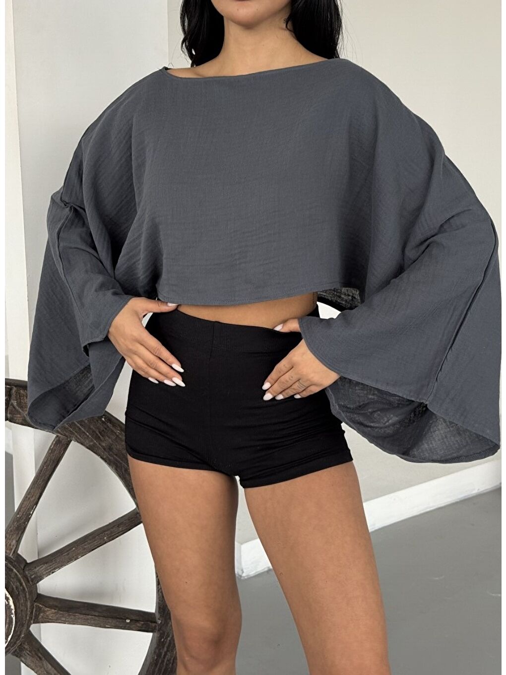 Müslin Keten Bluz Antrasit-4