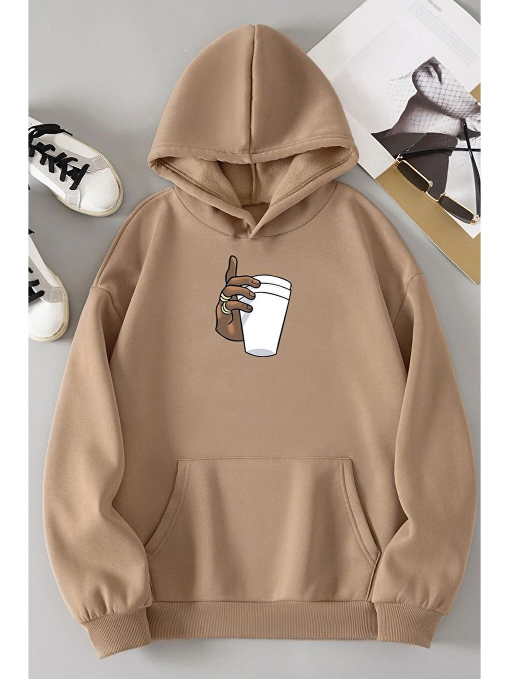 Bej Coffee Baskılı Sweatshirt