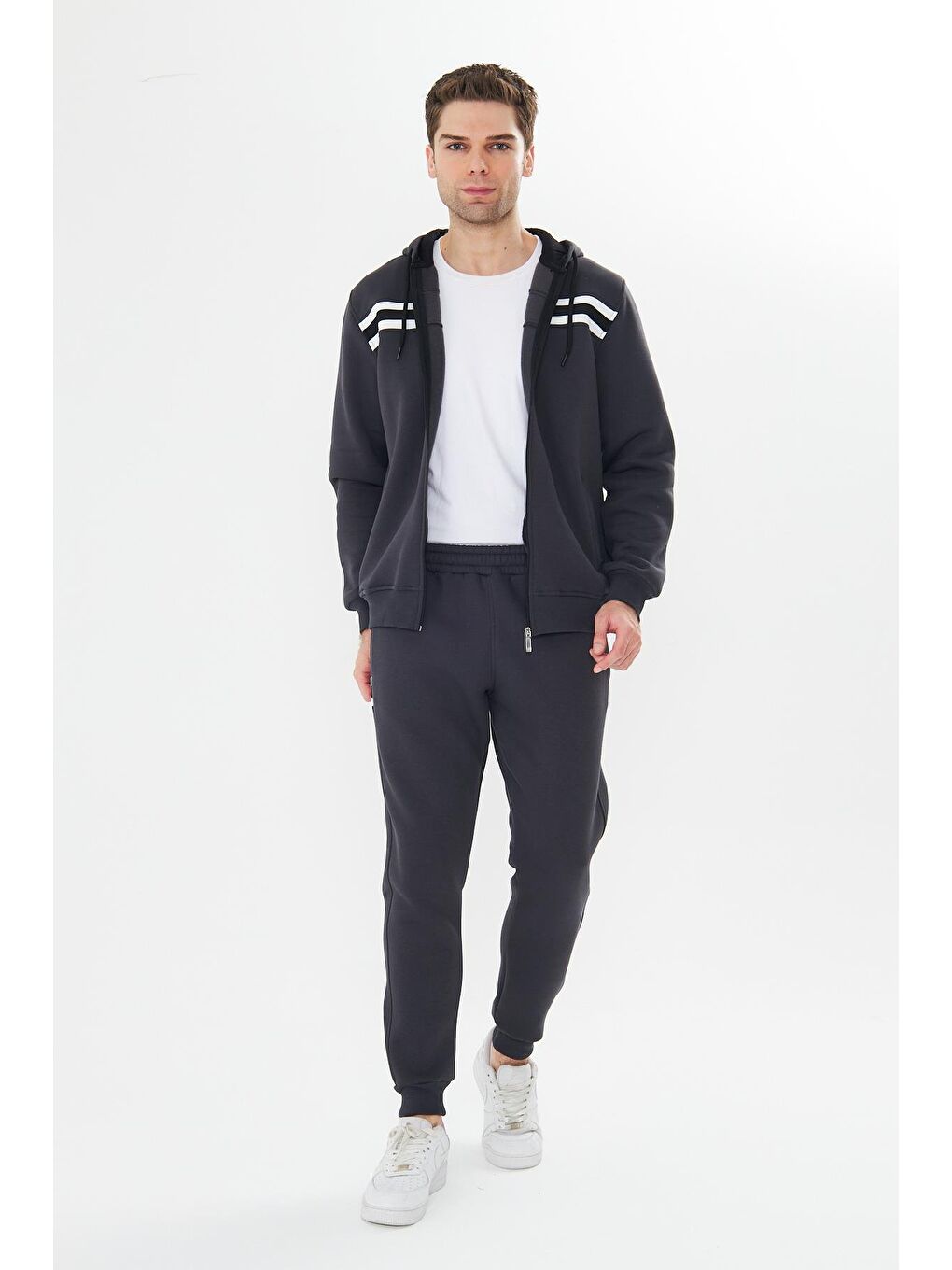 Erkek İçi Polarlı Kapüşonlu Kışlık Eşofman Takımı Antrasit 9520-A-5