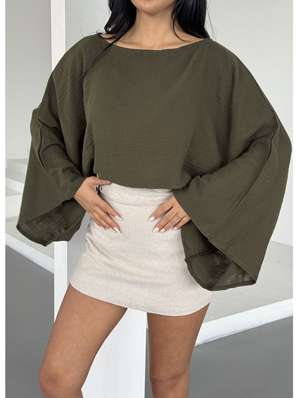 Müslin Keten Bluz Haki-4