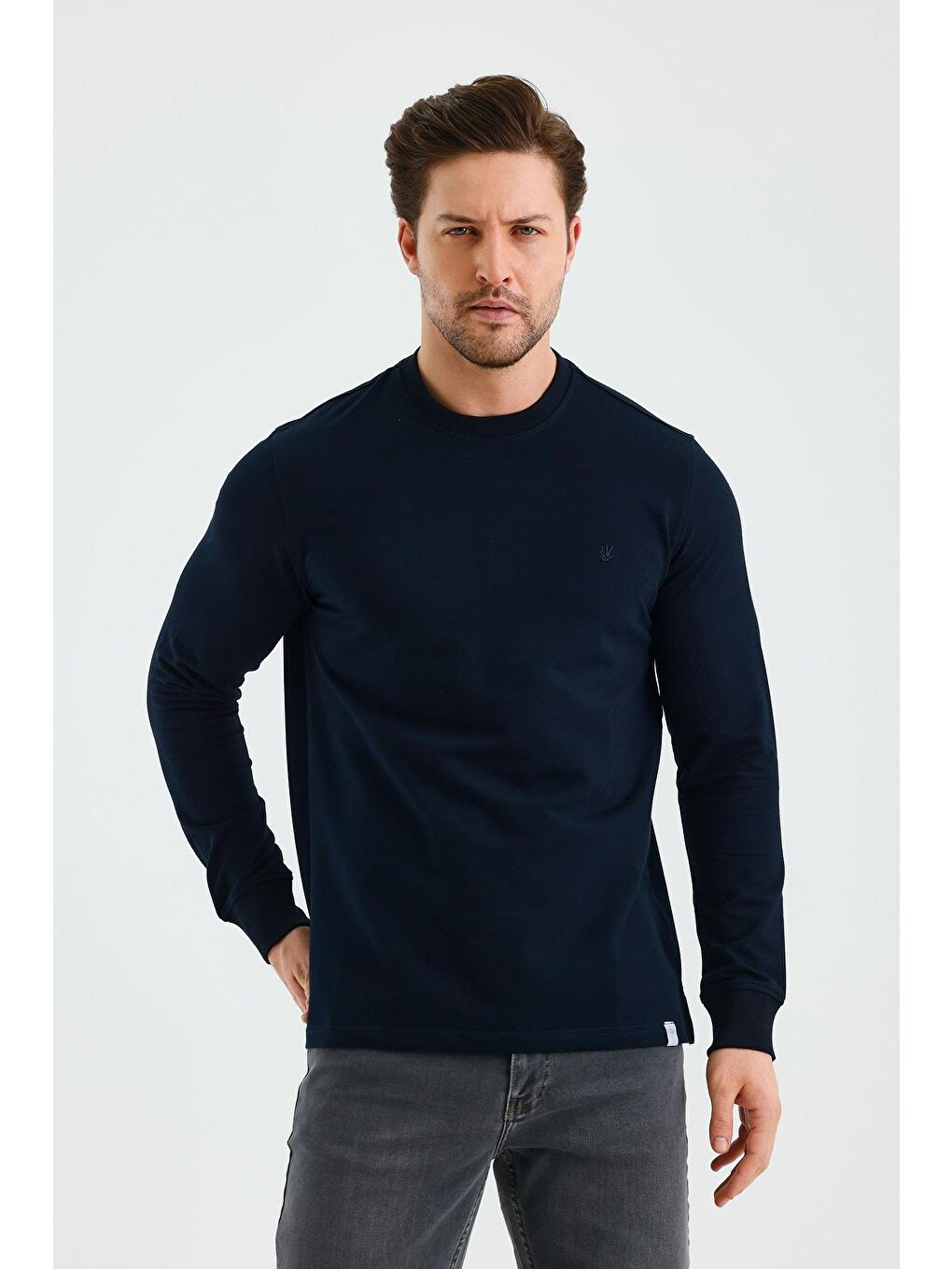 Lacivert Uzun Kol Düz Örme Bisiklet Yaka Cepsiz Pamuklu Büyük Beden Sweatshirt 1013245152