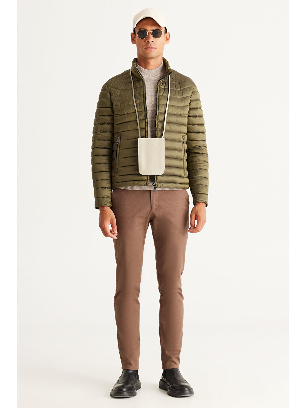 Erkek Haki Standart Fit Normal Kesim Dik Yaka Mont-1