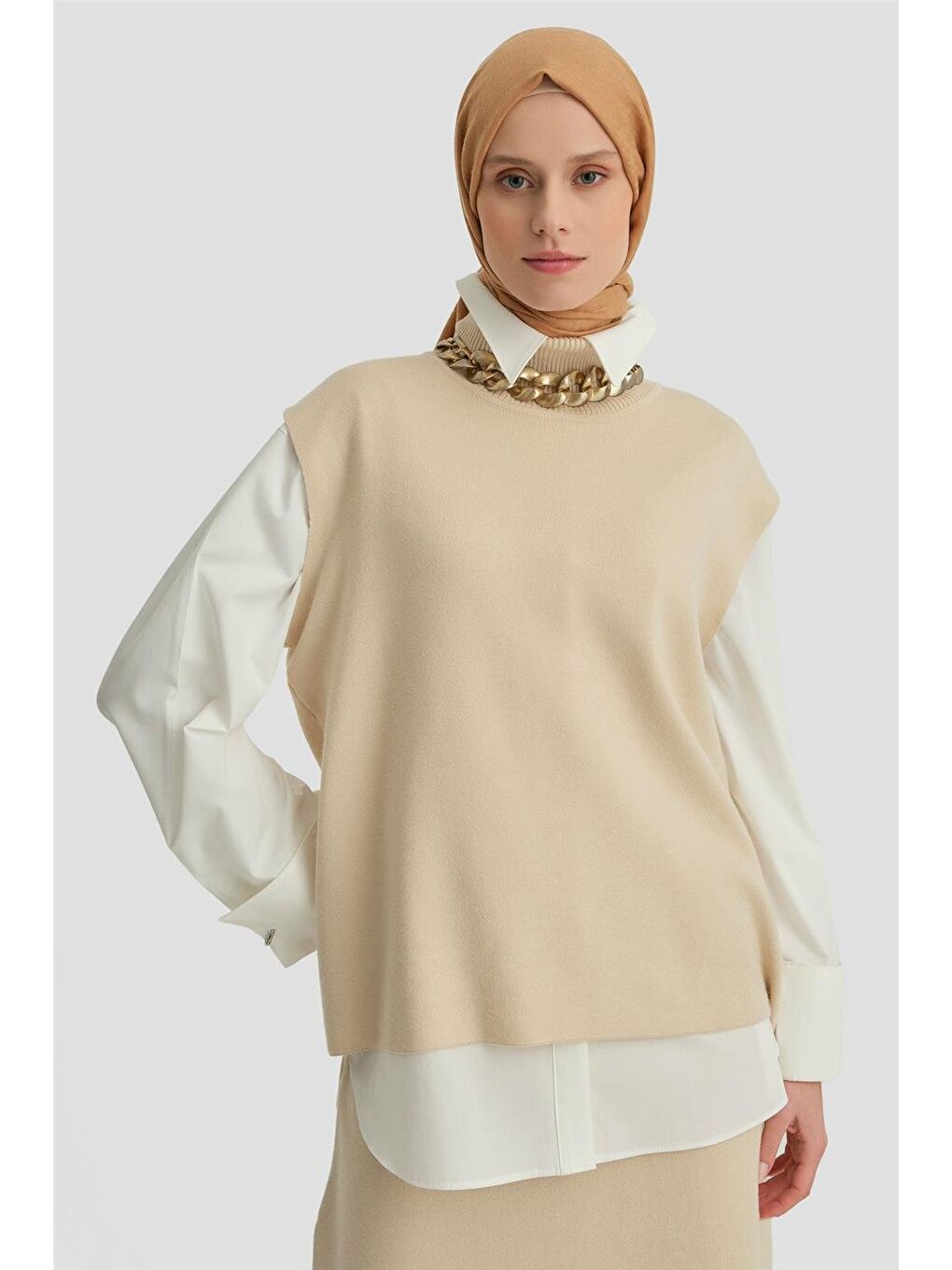 Sıfır Kol Kazak Etekli Takım 24Kd4220 Bej-2