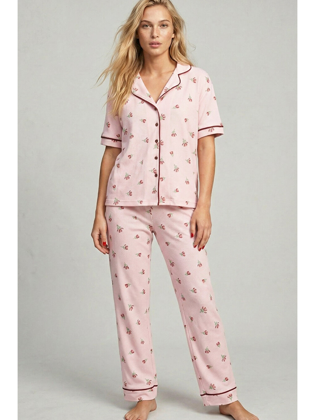Pembe Lale Desenli Bürümcük-krınkıl Kısa Kollu Düğmeli Biyeli Pijama Takım 7930-1