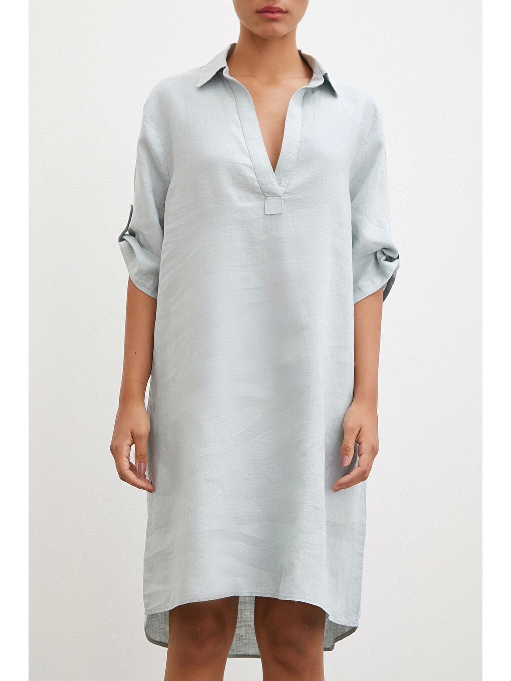 Karışık Gömlek Yaka Keten Elbise Mint