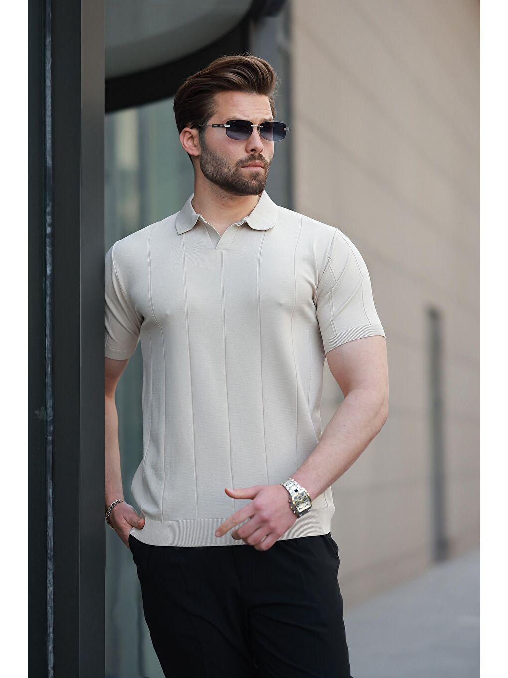 Bej Polo Yaka Triko Erkek Tişört E7417