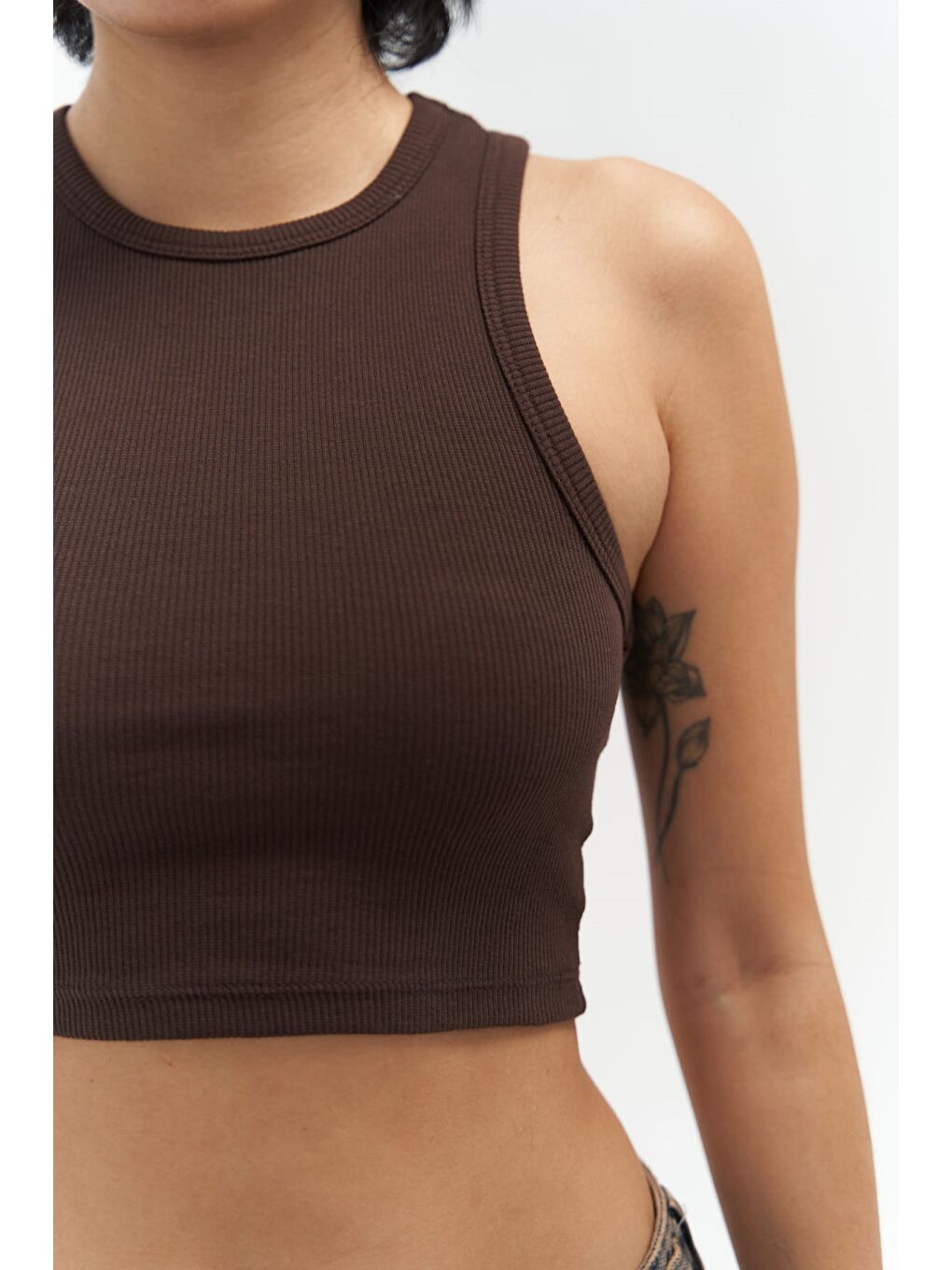 Kahverengi Fleur Fitilli Halter Yaka Kahve Crop-1