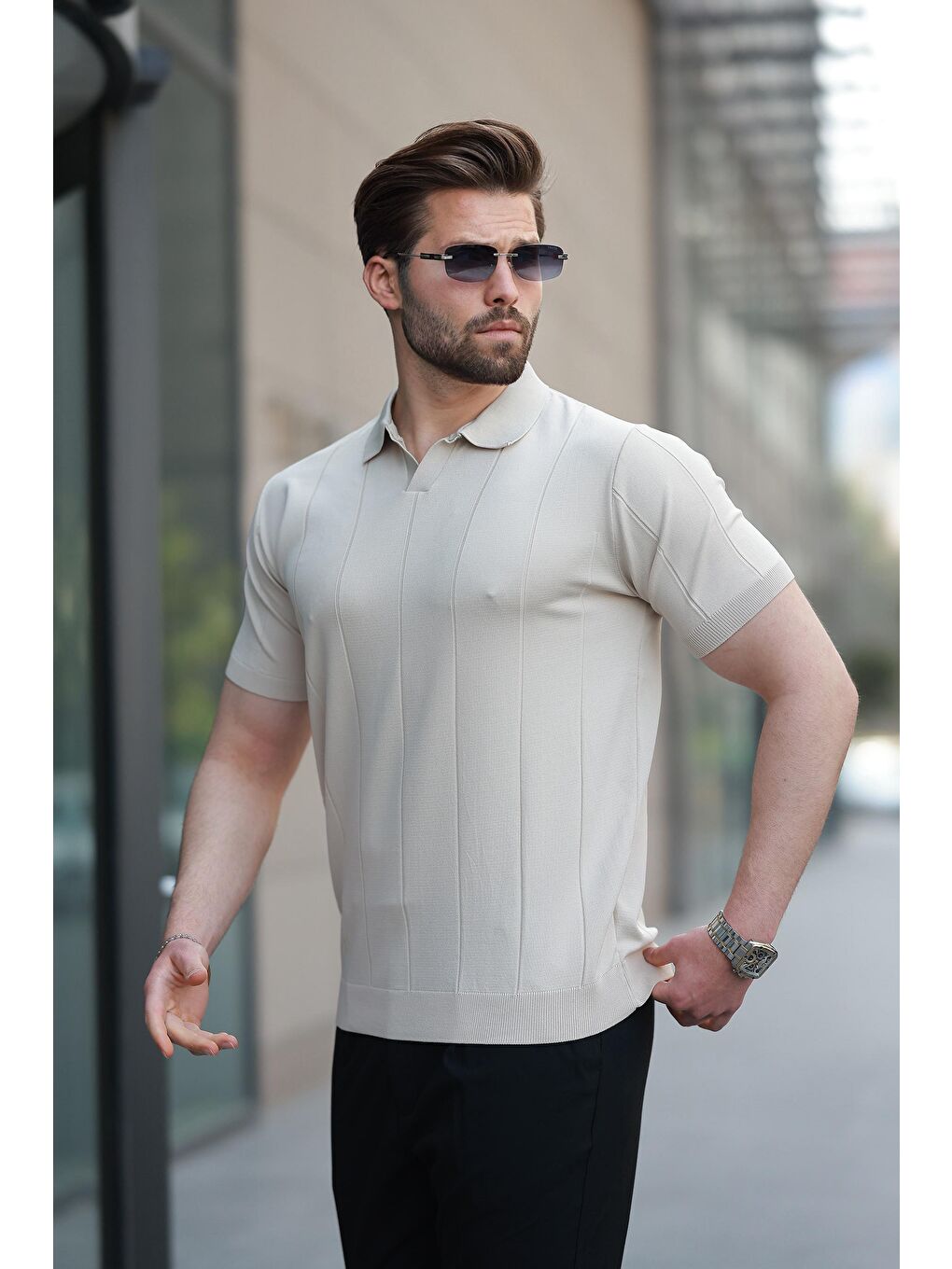 Bej Polo Yaka Triko Erkek Tişört E7417-1