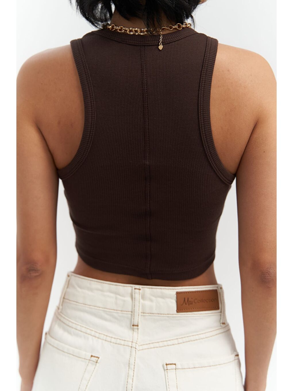 Kahverengi Fleur Fitilli Halter Yaka Kahve Crop-2