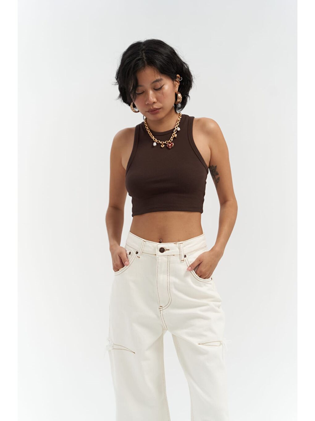 Kahverengi Fleur Fitilli Halter Yaka Kahve Crop-3