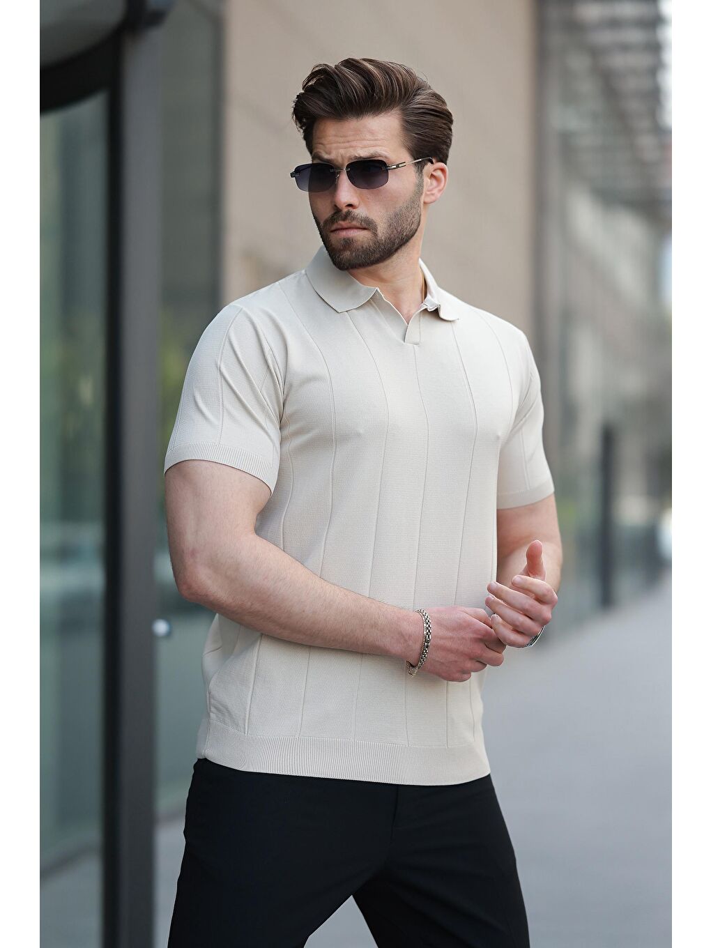 Bej Polo Yaka Triko Erkek Tişört E7417-2