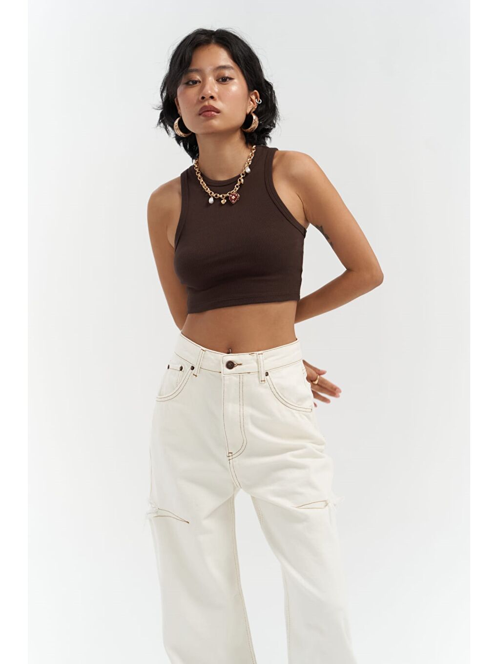 Kahverengi Fleur Fitilli Halter Yaka Kahve Crop-4