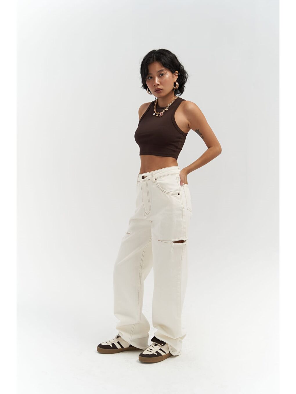 Kahverengi Fleur Fitilli Halter Yaka Kahve Crop-6