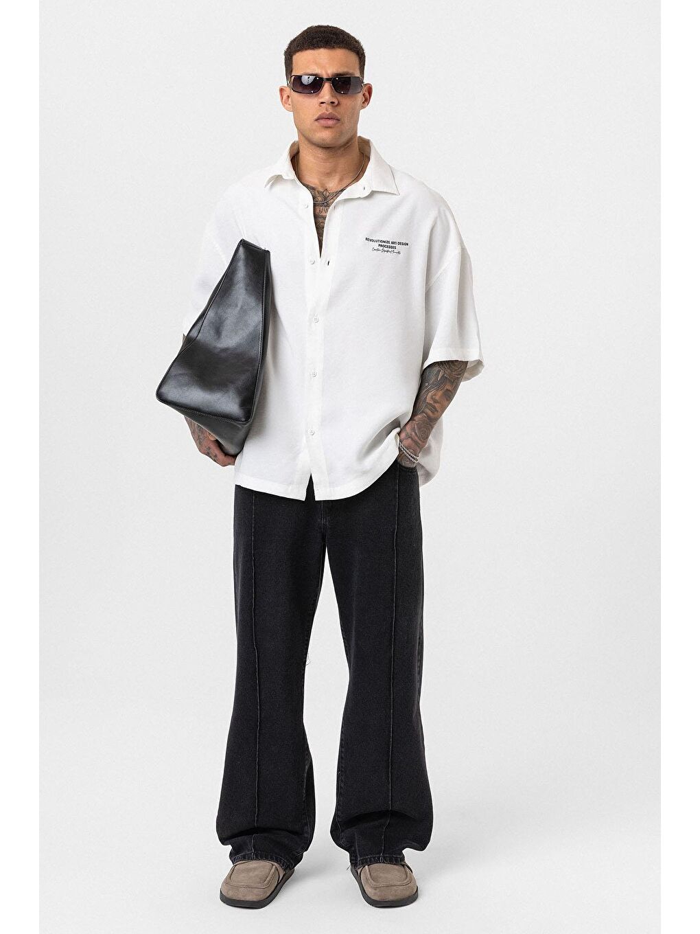 Yıkamalı Oversize Kısa Kol Baskılı Gömlek Ekru