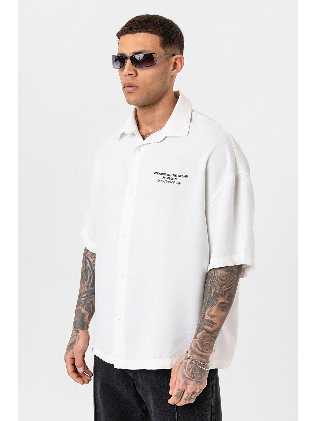 Yıkamalı Oversize Kısa Kol Baskılı Gömlek Ekru-2