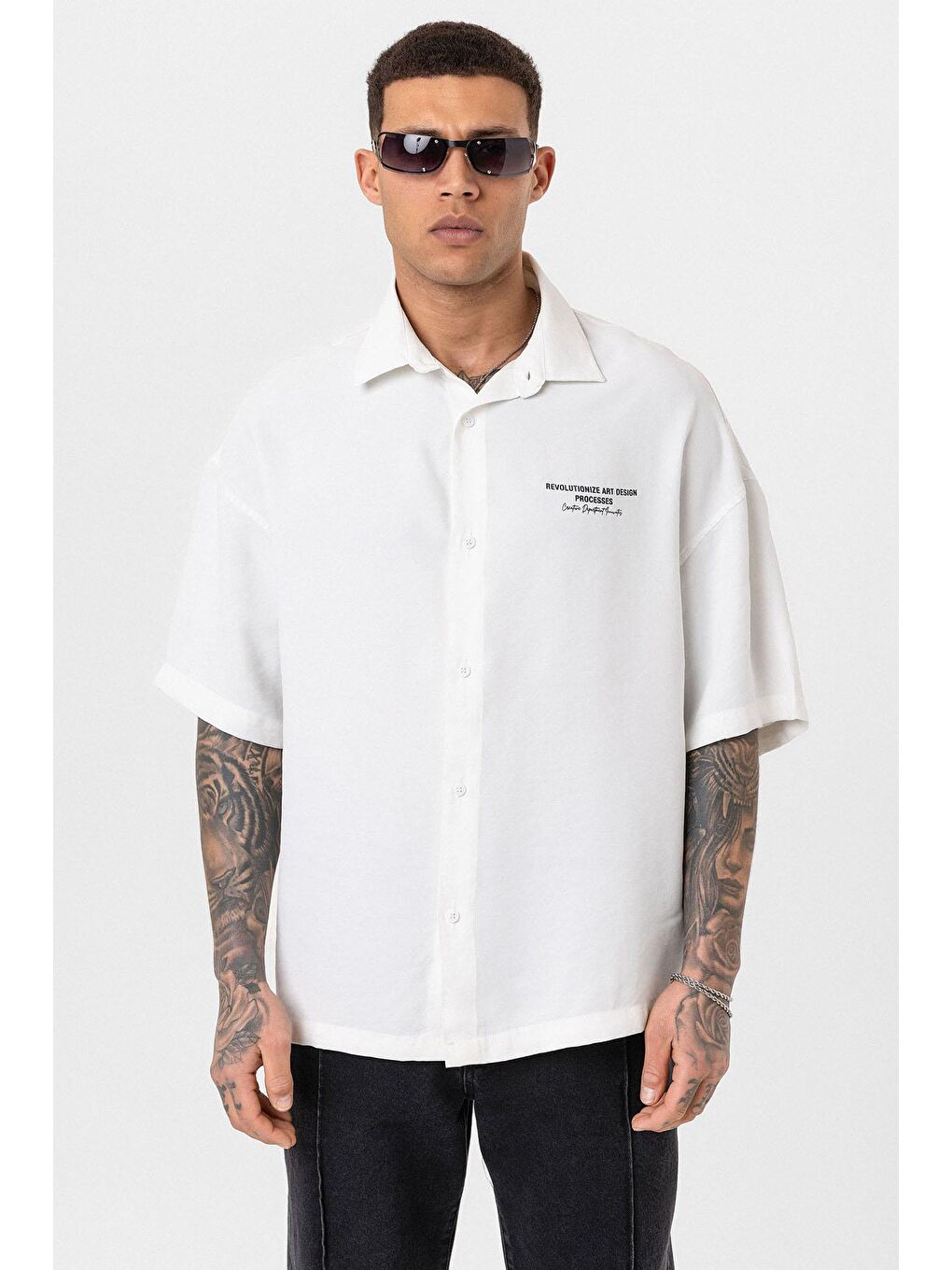 Yıkamalı Oversize Kısa Kol Baskılı Gömlek Ekru-3