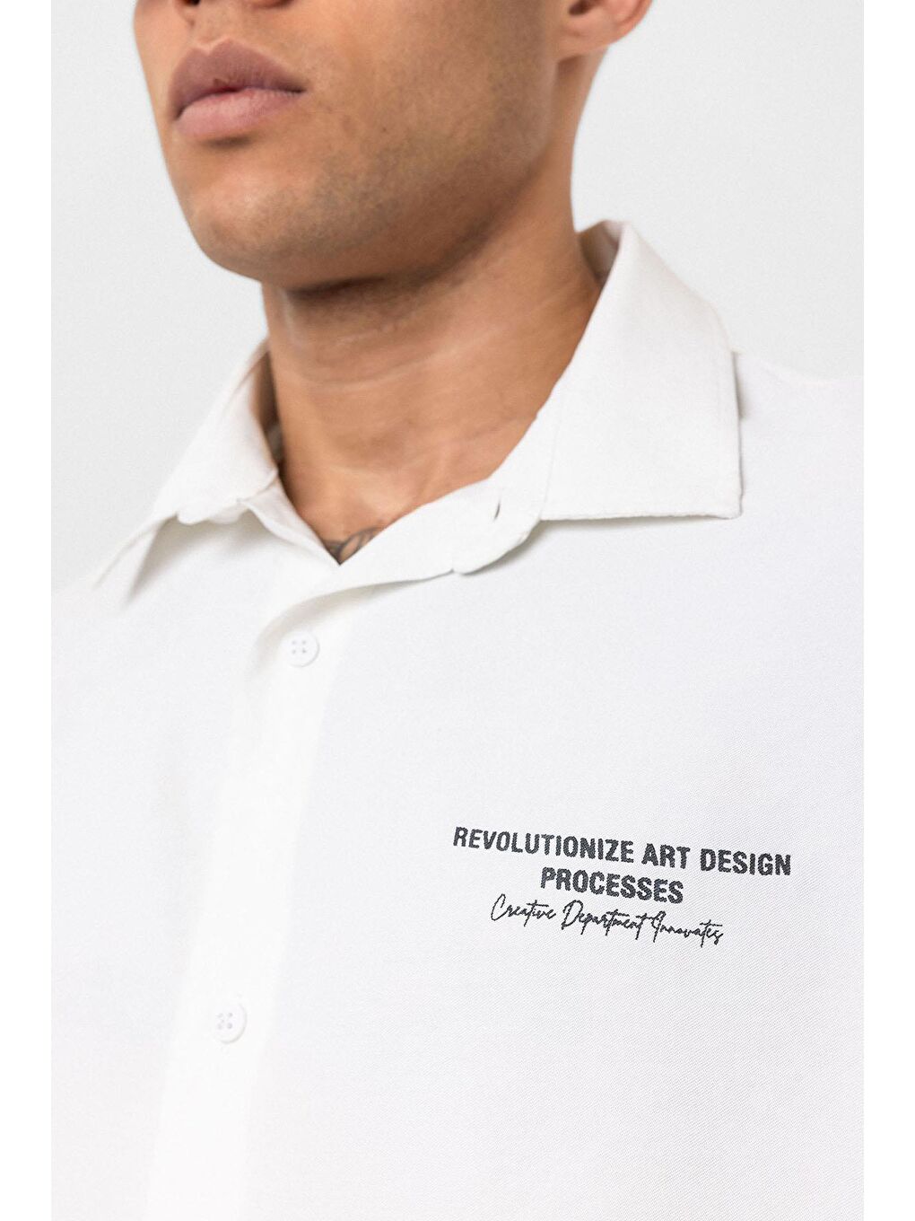 Yıkamalı Oversize Kısa Kol Baskılı Gömlek Ekru-4