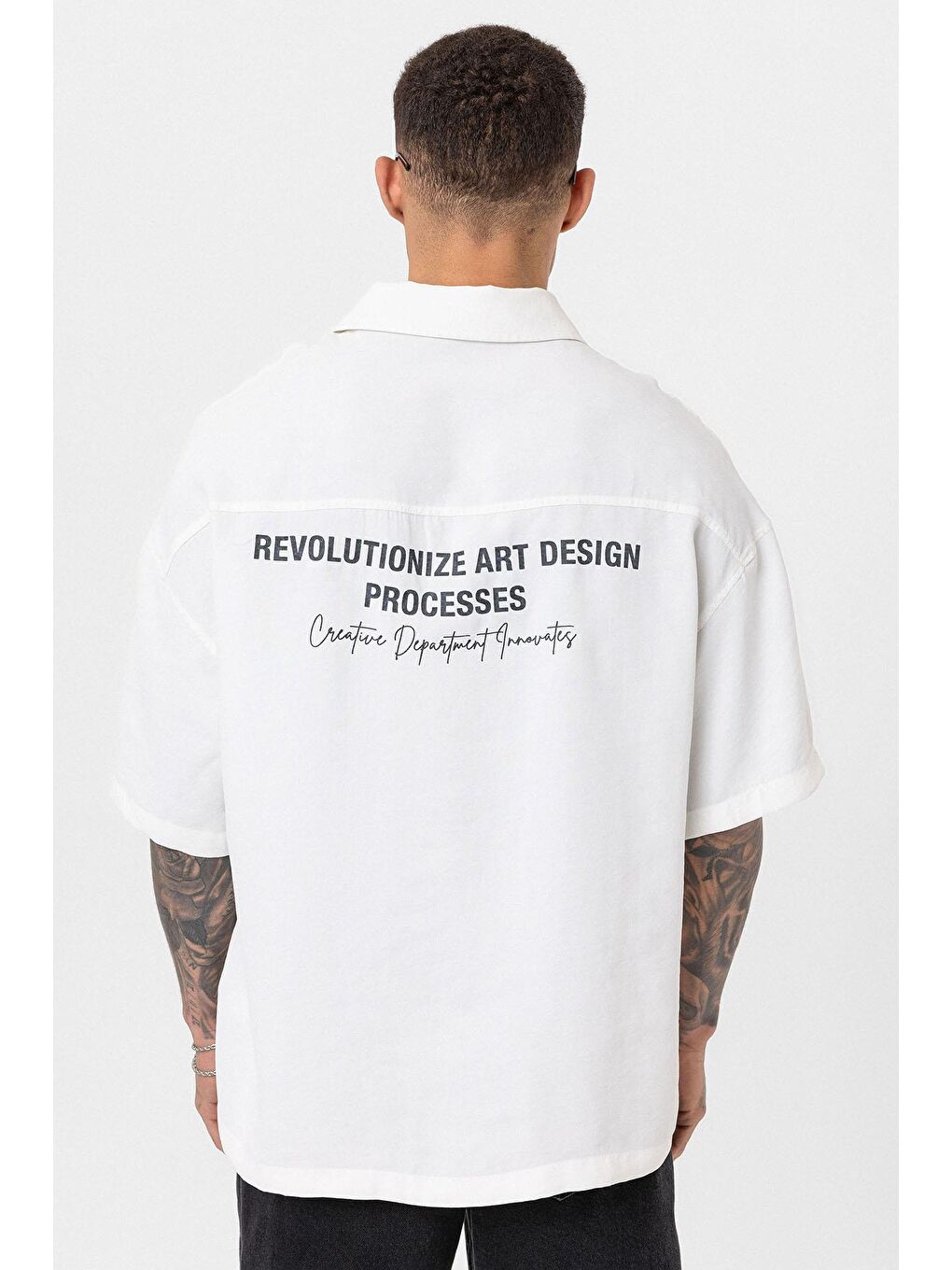 Yıkamalı Oversize Kısa Kol Baskılı Gömlek Ekru-5