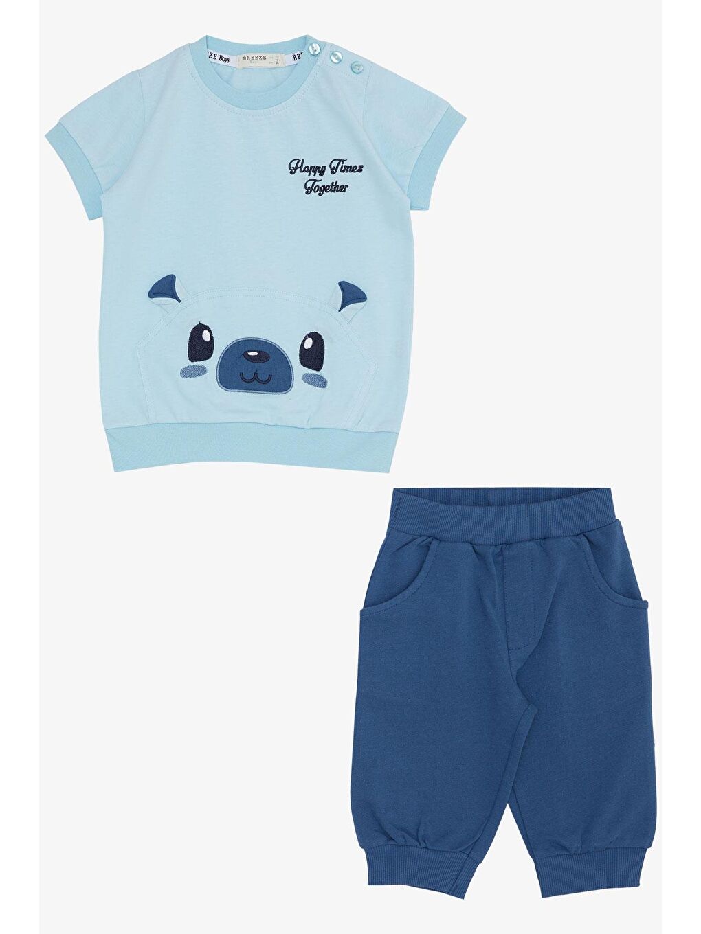 Erkek Bebek Kapri Takım Sevimli Ayıcık Nakışlı Açık Mavi (9 Ay-1 Yaş)