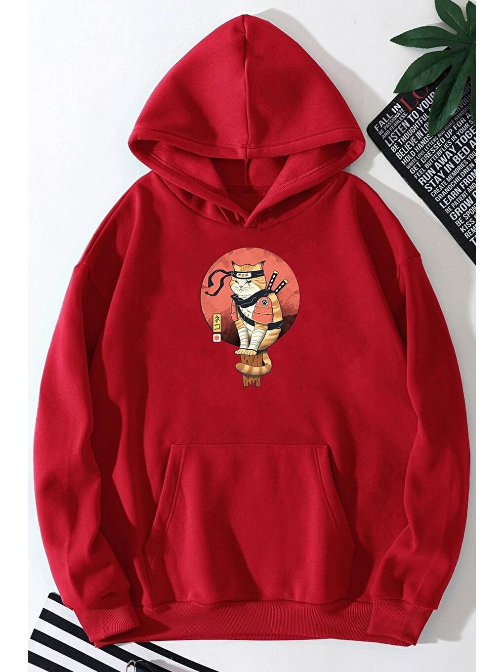 uyguntarz Kırmızı Unisex Shinobi Kedi Baskılı Sweatshirt