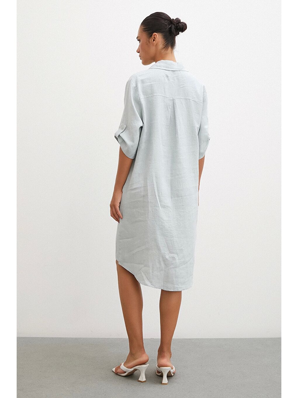 Karışık Gömlek Yaka Keten Elbise Mint-1